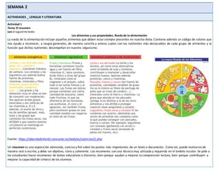 SEMANA 2
ACTIVIDADES _ LENGUA Y LITERATURA
Actividad 1
Tema: El resumen
Lee el siguiente texto
Los alimentos y sus propiedades. Rueda de la alimentación
La rueda de la alimentación incluye aquellos alimentos que deben estarsiempre presentes en nuestra dieta. Contiene además un código de colores que
nos ayuda a reconocer, a rasgos generales, de manera sencilla y amena cuáles son los nutrientes más destacables de cada grupo de alimentos y la
función que dichos nutrientes desempeñan en nuestro organismo.
Fuente: https://obesidadinfantil.consumer.es/web/es/nutricion/2.php
Un resumen es una exposición abreviada, concisa y fiel sobre los puntos más importantes de un texto o documento. Como tal, puede realizarse de
manera oral o escrita, y debe ser objetivo, claro y coherente. Los resúmenes son una técnica muy utilizada y requerida en el ámbito escolar. Se pide a
los estudiantes hacer resúmenes de textos educativos o literarios, bien porque ayudan a mejorar la comprensión lectora, bien porque contribuyen a
mejorar la capacidad de síntesis de los alumnos.
 