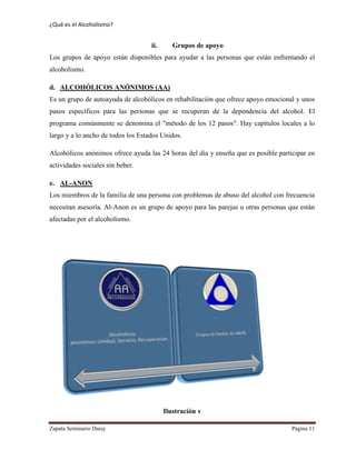 ¿Qué es el Alcoholismo?
Zapata Seminario Daisy Página 11
ii. Grupos de apoyo
Los grupos de apoyo están disponibles para ayudar a las personas que están enfrentando el
alcoholismo.
d. ALCOHÓLICOS ANÓNIMOS (AA)
Es un grupo de autoayuda de alcohólicos en rehabilitación que ofrece apoyo emocional y unos
pasos específicos para las personas que se recuperan de la dependencia del alcohol. El
programa comúnmente se denomina el "método de los 12 pasos". Hay capítulos locales a lo
largo y a lo ancho de todos los Estados Unidos.
Alcohólicos anónimos ofrece ayuda las 24 horas del día y enseña que es posible participar en
actividades sociales sin beber.
e. AL-ANON
Los miembros de la familia de una persona con problemas de abuso del alcohol con frecuencia
necesitan asesoría. Al-Anon es un grupo de apoyo para las parejas u otras personas que están
afectadas por el alcoholismo.
Ilustración v
 