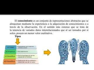 El conocimiento es un conjunto de representaciones abstractas que se
almacenan mediante la experiencia o la adquisición de conocimientos o a
través de la observación. En el sentido más extenso que se trata de
la tenencia de variados datos interrelacionados que al ser tomados por sí
solos, poseen un menor valor cualitativo.
Tipos
 