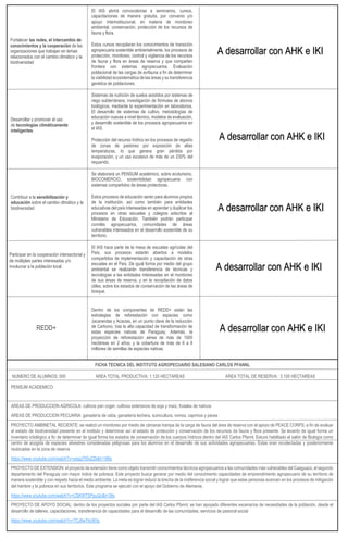 Fortalecer las redes, el intercambio de
conocimientos y la cooperación de las
organizaciones que trabajan en temas
relacionados con el cambio climático y la
biodiversidad
Desarrollar y promover el uso
de tecnologías climáticamente
inteligentes
Contribuir a la sensibilización y
educación sobre el cambio climático y la
biodiversidad
Participar en la cooperación intersectorial y
de múltiples partes interesadas y/o
involucrar a la población local.
El IAS abrirá convocatorias a seminarios, cursos,
capacitaciones de manera gratuita, por convenio y/o
apoyo interinstitucional, en materia de monitoreo
ambiental, conservación, protección de los recursos de
fauna y flora.
Estos cursos recopilaran los conocimientos de transición
agropecuaria sostenible ambientalmente, los procesos de
protección, monitoreo, control y vigilancia de los recursos
de fauna y flora en áreas de reserva y que comparten
frontera con sistemas agropecuarios. Evaluación
poblacional de las cargas de avifauna a fin de determinar
la viabilidad ecosistemática de las áreas y su transferencia
genética de poblaciones.
Sistemas de nutrición de suelos asistidos por sistemas de
riego subterráneos, investigación de fórmulas de abonos
biológicos, mediante la experimentación en laboratorios.
El desarrollo de sistemas de cultivo, metodologías de
educación nuevas a nivel técnico, modelos de evaluación,
y desarrollo sostenible de los procesos agropecuarios en
el IAS.
Protección del recurso hídrico en los procesos de regadío
de zonas de pastoreo por exposición de altas
temperaturas, lo que genera gran pérdida por
evaporación, y un uso excesivo de más de un 230% del
requerido.
Se elaborará un PENSUM académico, sobre ecoturismo,
BIOCOMERCIO, sostenibilidad agropecuaria con
sistemas compartidos de áreas protectoras.
Estos procesos de educación serán para alumnos propios
de la institución, así como también para entidades
educativas del país interesadas en aprender y duplicar los
procesos en otras escuelas y colegios adscritos al
Ministerio de Educación. También podrán participar
comités agropecuarios, comunidades de áreas
vulnerables interesados en el desarrollo sostenible de su
territorio.
El IAS hace parte de la mesa de escuelas agrícolas del
País, sus procesos estarán abiertos a modelos
compartidos de implementación y capacitación de otras
escuelas en el País. De igual forma por medio del grupo
ambiental se realizarán transferencia de técnicas y
tecnologías a las entidades interesadas en el monitoreo
de sus áreas de reserva, y en la recopilación de datos
útiles, sobre los estados de conservación de las áreas de
bosque.
Dentro de los componentes de REDD+ están las
estrategias de reforestación con especies como
Jacarandas y Acacias, en un punto clave de la reducción
de Carbono, tras la alta capacidad de transformación de
estas especies nativas de Paraguay. Además, la
proyección de reforestación aérea de más de 1000
hectáreas en 2 años, y la cobertura de más de 6 a 8
millones de semillas de especies nativas.
FICHA TECNICA DEL INSTITUTO AGROPECUARIO SALESIANO CARLOS PFANNL
NUMERO DE ALUMNOS: 000 AREA TOTAL PRODUCTIVA: 1.120 HECTAREAS AREA TOTAL DE RESERVA: 3.100 HECTAREAS
PENSUM ACADEMICO:
AREAS DE PRODUCCION AGRICOLA: cultivos pan coger, cultivos extensivos de soja y maíz, frutales de nativos
AREAS DE PRODUCCION PECUARIA: ganadería de ceba, ganadería lechera, suinicultura, ovinos, caprinos y peces
PROYECTO AMBINETAL RECIENTE: se realizó un monitoreo por medio de cámaras trampa de la carga de fauna del área de reserva con el apoyo de PEACE CORPS, a fin de evaluar
el estado de biodiversidad presente en el instituto y determinar así el estado de protección y conservación de los recursos de fauna y flora presente. Se levanto de igual forma un
inventario ictiológico a fin de determinar de igual forma los estados de conservación de los cuerpos hídricos dentro del IAS Carlos Pfannl. Estuvo habilitado el salón de Biología como
centro de acogida de especies silvestres consideradas peligrosas para los alumnos en el desarrollo de sus actividades agropecuarias. Estas eran recolectadas y posteriormente
reubicadas en la zona de reserva.
https://www.youtube.com/watch?v=yaqq705xZZk&t=188s
PROYECTO DE EXTENSION: el proyecto de extensión tiene como objeto transmitir conocimientos técnicos agropecuarios a las comunidades más vulnerables del Caaguazú, el segundo
departamento del Paraguay con mayor índice de pobreza. Este proyecto busca generar por medio del conocimiento capacidades de emprendimiento agropecuario de su territorio de
manera sostenible y con respeto hacia el medio ambiente. La meta es lograr reducir la brecha de la indiferencia social y lograr que estas personas avancen en los procesos de mitigación
del hambre y la pobreza en sus territorios. Este programa se ejecutó con el apoyo del Gobierno de Alemania.
https://www.youtube.com/watch?v=CSKWTSPpuQc&t=39s
PROYECTO DE APOYO SOCIAL: dentro de los proyectos sociales por parte del IAS Carlos Pfannl, se han apoyado diferentes escenarios de necesidades de la población, desde el
desarrollo de talleres, capacitaciones, transferencia de capacidades para el desarrollo de las comunidades, servicios de pastoral social.
https://www.youtube.com/watch?v=7CJ8wTbc9Og
REDD+
A desarrollar con AHK e IKI
A desarrollar con AHK e IKI
A desarrollar con AHK e IKI
A desarrollar con AHK e IKI
A desarrollar con AHK e IKI
 