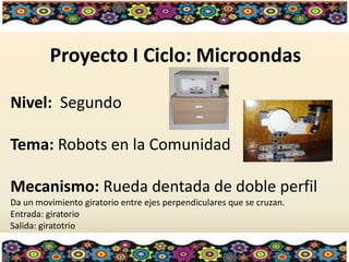 Proyecto I Ciclo: Microondas
Nivel: Segundo
Tema: Robots en la Comunidad
Mecanismo: Rueda dentada de doble perfil
Da un movimiento giratorio entre ejes perpendiculares que se cruzan.
Entrada: giratorio
Salida: giratotrio
 
