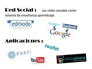 Red Social :            Las redes sociales como
sistema de enseñanza aprendizaje.




Aplicaciones :
 