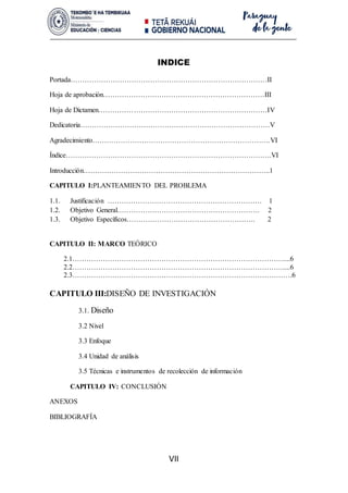 VII
INDICE
Portada…………………………………………………………………………II
Hoja de aprobación……………………………………………………………III
Hoja de Dictamen………………………………………………………………IV
Dedicatoria………………………………………………………………………V
Agradecimiento………………………………………………………………….VI
Índice…………………………………………………………………………….VI
Introducción……………………………………………………………………..1
CAPITULO I:PLANTEAMIENTO DEL PROBLEMA
1.1. Justificación ………………………………………………………… 1
1.2. Objetivo General……………………………………………………. 2
1.3. Objetivo Específicos………………………………………………. 2
CAPITULO II: MARCO TEÓRICO
2.1………………………………………………………………………………....6
2.2………………………………………………………………………………....6
2.3………………………………………………………………………………….6
CAPITULO III:DISEÑO DE INVESTIGACIÓN
3.1. Diseño
3.2 Nivel
3.3 Enfoque
3.4 Unidad de análisis
3.5 Técnicas e instrumentos de recolección de información
CAPITULO IV: CONCLUSIÓN
ANEXOS
BIBLIOGRAFÍA
 