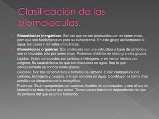 


•

•

•

Biomoléculas inorgánicas: Son las que no son producidas por los seres vivos,
pero que son fundamentales para su subsistencia. En este grupo encontramos el
agua, los gases y las sales inorgánicas.
Biomoléculas orgánicas: Son moléculas con una estructura a base de carbono y
son sintetizadas sólo por seres vivos. Podemos dividirlas en cinco grandes grupos.
Lípidos. Están compuestos por carbono e hidrógeno, y en menor medida por
oxígeno. Su característica es que son insolubles en agua. Son lo que
coloquialmente se conoce como grasas.
Glúcidos. Son los carbohidratos o hidratos de carbono. Están compuestos por
carbono, hidrógeno y oxígeno, y sí son solubles en agua. Constituyen la forma más
primitiva de almacenamiento energético.
Proteínas. Están compuestas por cadenas lineales de aminoácidos, y son el tipo de
biomolécula más diversa que existe. Tienen varias funciones dependiendo del tipo
de proteína del que estemos hablando.

 
