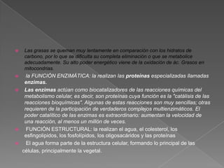 








Las grasas se queman muy lentamente en comparación con los hidratos de
carbono, por lo que se dificulta su completa eliminación o que se metabolice
adecuadamente. Su alto poder energético viene de la oxidación de ác. Grasos en
mitocondrias.

la FUNCIÓN ENZIMÁTICA: la realizan las proteínas especializadas llamadas
enzimas.
Las enzimas actúan como biocatalizadores de las reacciones químicas del
metabolismo celular, es decir, son proteínas cuya función es la "catálisis de las
reacciones bioquímicas". Algunas de estas reacciones son muy sencillas; otras
requieren de la participación de verdaderos complejos multienzimáticos. El
poder catalítico de las enzimas es extraordinario: aumentan la velocidad de
una reacción, al menos un millón de veces.
FUNCIÓN ESTRUCTURAL: la realizan el agua, el colesterol, los
esfingolipidos, los fosfolípidos, los oligosacáridos y las proteínas
El agua forma parte de la estructura celular, formando lo principal de las
células, principalmente la vegetal.

 