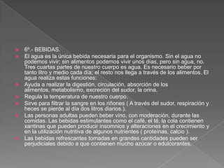 









6º.- BEBIDAS.
El agua es la única bebida necesaria para el organismo. Sin el agua no
podemos vivir; sin alimentos podemos vivir unos días, pero sin agua, no.
Tres cuartas partes de nuestro cuerpo es agua. Es necesario beber por
tanto litro y medio cada día; el resto nos llega a través de los alimentos. El
agua realiza estas funciones:
Ayuda a realizar la digestión, circulación, absorción de los
alimentos, metabolismo, excreción del sudor, la orina.
Regula la temperatura de nuestro cuerpo.
Sirve para filtrar la sangre en los riñones ( A través del sudor, respiración y
heces se pierde al día dos litros diarios.).
Las personas adultas pueden beber vino, con moderación, durante las
comidas. Las bebidas estimulantes como el café, el té, la cola contienen
xantinas que pueden producir insomnios y alteraciones en el crecimiento y
en la utilización nutritiva de algunos nutrientes ( proteínas, calcio ).
Las bebidas refrescantes tomadas en grandes cantidades pueden ser
perjudiciales debido a que contienen mucho azúcar o edulcorantes.

 