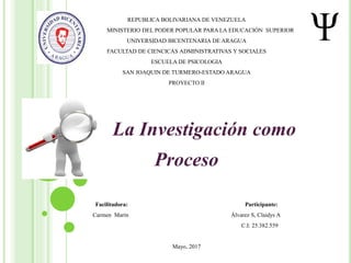 REPUBLICA BOLIVARIANA DE VENEZUELA
MINISTERIO DEL PODER POPULAR PARA LA EDUCACIÓN SUPERIOR
UNIVERSIDAD BICENTENARIA DE ARAGUA
FACULTAD DE CIENCICAS ADMINISTRATIVAS Y SOCIALES
ESCUELA DE PSICOLOGIA
SAN JOAQUIN DE TURMERO-ESTADO ARAGUA
PROYECTO II
La Investigación como
Proceso
Facilitadora: Participante:
Carmen Marin Álvarez S, Claidys A
C.I: 25.382.559
Mayo, 2017
 