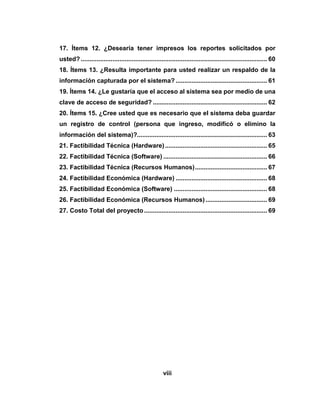 viii
17. Ítems 12. ¿Desearía tener impresos los reportes solicitados por
usted? .......................................................................................................... 60
18. Ítems 13. ¿Resulta importante para usted realizar un respaldo de la
información capturada por el sistema? .................................................... 61
19. Ítems 14. ¿Le gustaría que el acceso al sistema sea por medio de una
clave de acceso de seguridad? ................................................................. 62
20. Ítems 15. ¿Cree usted que es necesario que el sistema deba guardar
un registro de control (persona que ingreso, modificó o elimino la
información del sistema)?.......................................................................... 63
21. Factibilidad Técnica (Hardware) .......................................................... 65
22. Factibilidad Técnica (Software) ........................................................... 66
23. Factibilidad Técnica (Recursos Humanos)......................................... 67
24. Factibilidad Económica (Hardware) .................................................... 68
25. Factibilidad Económica (Software) ..................................................... 68
26. Factibilidad Económica (Recursos Humanos)................................... 69
27. Costo Total del proyecto...................................................................... 69
 