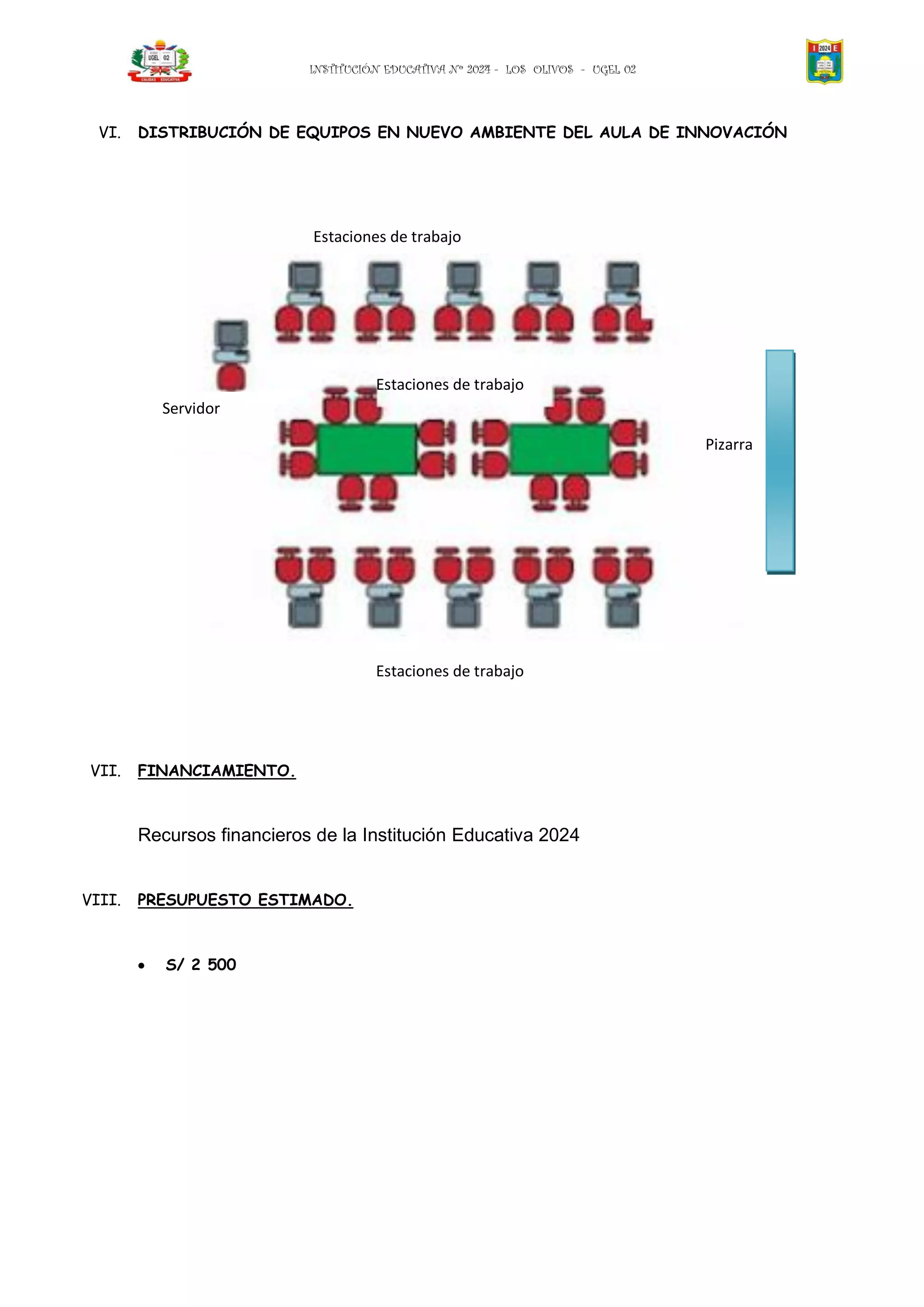 INSTITUCIÓN EDUCATIVA Nº 2024 - LOS OLIVOS - UGEL 02




  VI.   DISTRIBUCIÓN DE EQUIPOS EN NUEVO AMBIENTE DEL AULA DE INNOVACIÓN




                             Estaciones de trabajo




                                      Estaciones de trabajo
          Servidor

                                                                                   Pizarra




                                      Estaciones de trabajo




 VII.   FINANCIAMIENTO.



        Recursos financieros de la Institución Educativa 2024


VIII.   PRESUPUESTO ESTIMADO.



           S/ 2 500
 