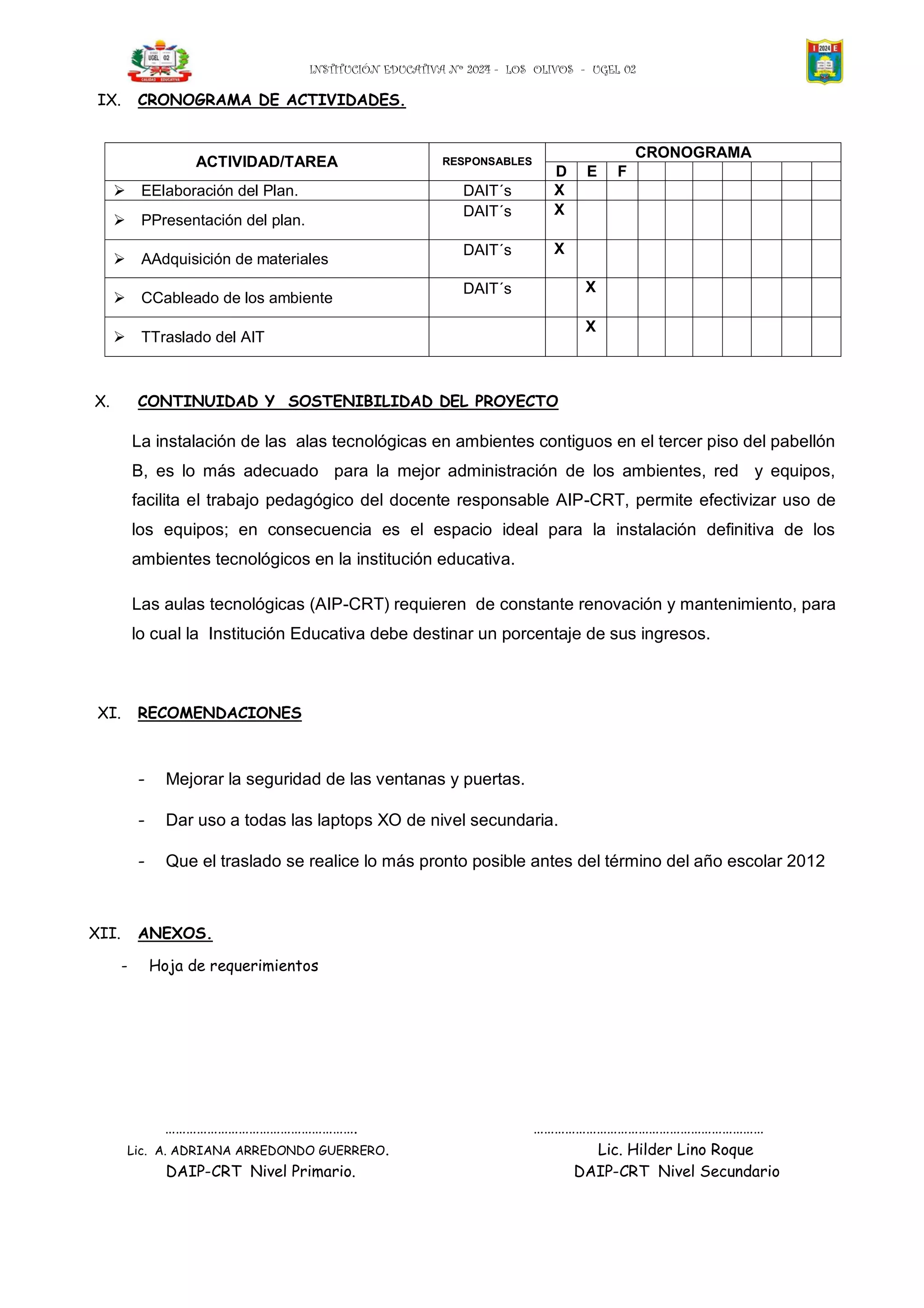 INSTITUCIÓN EDUCATIVA Nº 2024 - LOS OLIVOS - UGEL 02

 IX.       CRONOGRAMA DE ACTIVIDADES.


                                                                                           CRONOGRAMA
                     ACTIVIDAD/TAREA                       RESPONSABLES
                                                                            D     E    F
           EElaboración del Plan.                            DAIT´s        X
                                                              DAIT´s        X
           PPresentación del plan.
                                                              DAIT´s        X
           AAdquisición de materiales
                                                              DAIT´s             X
           CCableado de los ambiente
                                                                                 X
           TTraslado del AIT



X.         CONTINUIDAD Y SOSTENIBILIDAD DEL PROYECTO

           La instalación de las alas tecnológicas en ambientes contiguos en el tercer piso del pabellón
           B, es lo más adecuado para la mejor administración de los ambientes, red y equipos,
           facilita el trabajo pedagógico del docente responsable AIP-CRT, permite efectivizar uso de
           los equipos; en consecuencia es el espacio ideal para la instalación definitiva de los
           ambientes tecnológicos en la institución educativa.

           Las aulas tecnológicas (AIP-CRT) requieren de constante renovación y mantenimiento, para
           lo cual la Institución Educativa debe destinar un porcentaje de sus ingresos.



 XI.       RECOMENDACIONES



           -     Mejorar la seguridad de las ventanas y puertas.

           -     Dar uso a todas las laptops XO de nivel secundaria.

           -     Que el traslado se realice lo más pronto posible antes del término del año escolar 2012



XII.       ANEXOS.

       -       Hoja de requerimientos




                 ……………………………………………….                                      …………………………………………………………
         Lic. A. ADRIANA ARREDONDO GUERRERO.                                    Lic. Hilder Lino Roque
                 DAIP-CRT Nivel Primario.                                     DAIP-CRT Nivel Secundario
 