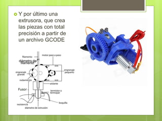  Y por último una
extrusora, que crea
las piezas con total
precisión a partir de
un archivo GCODE
 