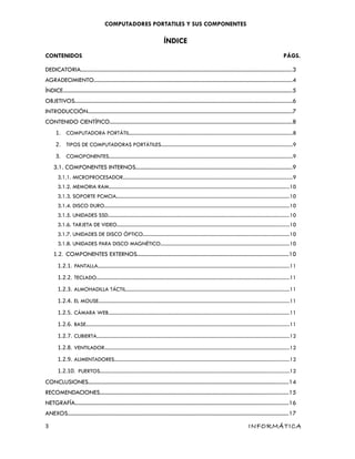 COMPUTADORES PORTATILES Y SUS COMPONENTES
ÍNDICE
CONTENIDOS PÁGS.
DEDICATORIA........................................................................................................................................................3
AGRADECIMIENTO..............................................................................................................................................4
ÍNDICE.....................................................................................................................................................................5
OBJETIVOS............................................................................................................................................................6
INTRODUCCIÓN...................................................................................................................................................7
CONTENIDO CIENTÍFICO...................................................................................................................................8
1. COMPUTADORA PORTÁTIL................................................................................................................................8
2. TIPOS DE COMPUTADORAS PORTÁTILES.......................................................................................................9
3. COMOPONENTES................................................................................................................................................9
3.1. COMPONENTES INTERNOS................................................................................................................9
3.1.1. MICROPROCESADOR.....................................................................................................................................9
3.1.2. MEMORIA RAM.............................................................................................................................................10
3.1.3. SOPORTE PCMCIA.......................................................................................................................................10
3.1.4. DISCO DURO.................................................................................................................................................10
3.1.5. UNIDADES SSD..............................................................................................................................................10
3.1.6. TARJETA DE VIDEO.......................................................................................................................................10
3.1.7. UNIDADES DE DISCO ÓPTICO...................................................................................................................10
3.1.8. UNIDADES PARA DISCO MAGNÉTICO.....................................................................................................10
1.2. COMPONENTES EXTERNOS.............................................................................................................10
1.2.1. PANTALLA......................................................................................................................................................11
1.2.2. TECLADO.......................................................................................................................................................11
1.2.3. ALMOHADILLA TÁCTIL................................................................................................................................11
1.2.4. EL MOUSE.....................................................................................................................................................11
1.2.5. CÁMARA WEB..............................................................................................................................................11
1.2.6. BASE...............................................................................................................................................................11
1.2.7. CUBIERTA.......................................................................................................................................................12
1.2.8. VENTILADOR.................................................................................................................................................12
1.2.9. ALIMENTADORES.........................................................................................................................................12
1.2.10. PUERTOS....................................................................................................................................................12
CONCLUSIONES................................................................................................................................................14
RECOMENDACIONES.......................................................................................................................................15
NETGRAFÍA.........................................................................................................................................................16
ANEXOS...............................................................................................................................................................17
3 INFORMÁTICA
 