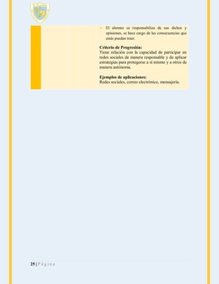  El alumno se responsabiliza de sus dichos y
opiniones, se hace cargo de las consecuencias que
estás puedan traer.

Criterio de Progresión:
Tiene relación con la capacidad de participar en
redes sociales de manera responsable y de aplicar
estrategias para protegerse a sí mismo y a otros de
manera autónoma.
Ejemplos de aplicaciones:
Redes sociales, correo electrónico, mensajería.

25 | P á g i n a

 