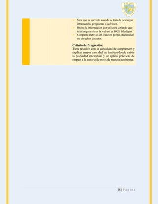  Sabe que es correcto cuando se trata de descargar
información, programas o software.
 Revisa la información que utilizara sabiendo que
todo lo que sale en la web no es 100% fidedigno
 Comparte archivos de creación propia, declarando
sus derechos de autor.

Criterio de Progresión:
Tiene relación con la capacidad de comprender y
explicar mayor cantidad de ámbitos donde existe
la propiedad intelectual y de aplicar prácticas de
respeto a la autoría de otros de manera autónoma.

28 | P á g i n a

 