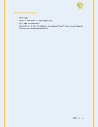 Bibliografía y webgrafía





SIMCE TIC
Matriz de Habilidades TIC para el Aprendizaje
http://www.incoblascanas.cl/
Decreto Nº 433 de 2012 Aprueba Bases Curriculares de Artes Visuales Música Educación
Física y Salud Tecnología y Orientación

38 | P á g i n a

 