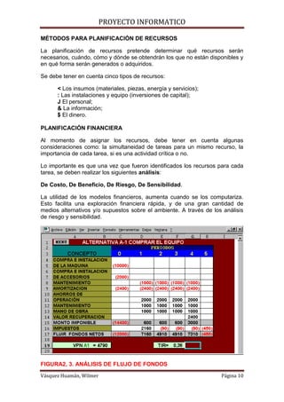 PROYECTO INFORMATICO

MÉTODOS PARA PLANIFICACIÓN DE RECURSOS

La planificación de recursos pretende determinar qué recursos serán
necesarios, cuándo, cómo y dónde se obtendrán los que no están disponibles y
en qué forma serán generados o adquiridos.

Se debe tener en cuenta cinco tipos de recursos:

      < Los insumos (materiales, piezas, energía y servicios);
      : Las instalaciones y equipo (inversiones de capital);
      J El personal;
      & La información;
      $ El dinero.

PLANIFICACIÓN FINANCIERA

Al momento de asignar los recursos, debe tener en cuenta algunas
consideraciones como: la simultaneidad de tareas para un mismo recurso, la
importancia de cada tarea, si es una actividad crítica o no.

Lo importante es que una vez que fueron identificados los recursos para cada
tarea, se deben realizar los siguientes análisis:

De Costo, De Beneficio, De Riesgo, De Sensibilidad.

La utilidad de los modelos financieros, aumenta cuando se los computariza.
Esto facilita una exploración financiera rápida, y de una gran cantidad de
medios alternativos y/o supuestos sobre el ambiente. A través de los análisis
de riesgo y sensibilidad.




FIGURA2, 3. ANÁLISIS DE FLUJO DE FONDOS
Vásquez Huamán, Wilmer                                              Página 10
 