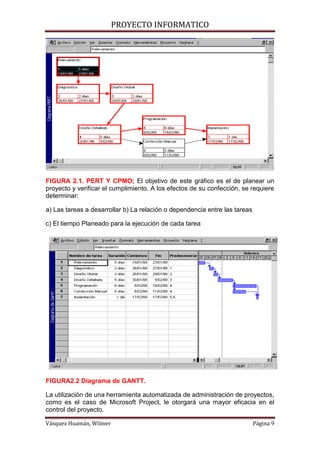 PROYECTO INFORMATICO




FIGURA 2.1. PERT Y CPMO; El objetivo de este gráfico es el de planear un
proyecto y verificar el cumplimiento. A los efectos de su confección, se requiere
determinar:

a) Las tareas a desarrollar b) La relación o dependencia entre las tareas

c) El tiempo Planeado para la ejecución de cada tarea




FIGURA2.2 Diagrama de GANTT.

La utilización de una herramienta automatizada de administración de proyectos,
como es el caso de Microsoft Project, le otorgará una mayor eficacia en el
control del proyecto.

Vásquez Huamán, Wilmer                                                      Página 9
 