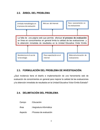 3
2.2. ÁRBOL DEL PROBLEMA
2.3. FORMULACIÓN DEL PROBLEMA DE INVESTIGACIÓN.
¿Qué incidencia tiene el diseño e implementación de una herramienta web de
evaluación de conocimientos en general para mejorar la calidad de las evaluaciones
y la obtención inmediata de resultados en la Unidad Educativa Víctor Emilio Estrada?
2.4. DELIMITACIÓN DEL PROBLEMA
Campo : Educación
Área : Asignatura informática
Aspecto : Proceso de evaluación
La falta de una página web que permita efectuar el proceso de evaluación
en línea en conocimientos en general limita la calidad de las evaluaciones y
la obtención inmediata de resultados en la Unidad Educativa Víctor Emilio
Estrada
Resistencia en el uso de
la tecnología
Poca capacitación en el
internet
Mala estructuración de
evaluaciones
Limitada metodologías en
el proceso de evaluación
Mal uso del internet Poco razonamiento en
las evaluaciones
 