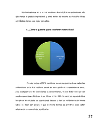 27
Manifestando que en si lo que se debe a la multiplicación y división es a lo
que menos le prestan importancia y entre menos la docente la involucre en las
actividades diarias esta mejor para ellos.
8. ¿Cómo te gustaría que te enseñaran matemáticas?
En esta grafica el 50% manifiesta su opinión acerca de no incluir las
matemáticas en la vida cotidiana ya que les es muy difícil la comprensión de estas,
para cualquier tipo de operaciones o procedimientos, ya que todo tiene que ver
con las operaciones básicas, Y por último el otro 50% de estos les agrada la idea
de que se les muestre las operaciones básicas o bien las matemáticas de forma
lúdica es decir con juegos y que al mismo tiempo de divertirse estos vallan
adquiriendo un aprendizaje significativo.
a) Con juegos
50%
c) Que no
enseñen las
matemáticas.
50%
 