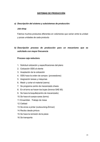 29
SISTEMAS DE PRODUCCIÓN
a) Descripción del sistema y subsistemas de producción:
Job shop
Fabrica muchos productos diferentes en volúmenes que varían entre la unidad
y pocas unidades de cada producto
b) Descripción proceso de producción para un mecanismo que es
solicitado con mayor frecuencia
Proceso caja reductora
1. Solicitud cotización y especificaciones del plano
2. Cotización ODS al cliente
3. Aceptación de la cotización
4. ODS hace la orden de compra (proveedores)
5. Asignación tareas y máquinas
6. Medir y cortar el material (sierra)
7. Se programa centro de mecanizado chasis
8. En el torno se hacen los bujes (bronce SAE 65)
9. Se hace la boquilla(centro de mecanizado)
10.Se hace el cuerpo-caras (torno)
11.Ensamblar . Trabajo de mesa
12.Calidad
13.Se envia a pintar (outsoursing-Zimcar)
14.Recibo desde pintura
15.Se hace la remisión de la pieza
16.Se transporta
 