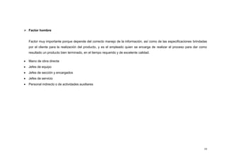 59
 Factor hombre
Factor muy importante porque depende del correcto manejo de la información, así como de las especificaciones brindadas
por el cliente para la realización del producto, y es el empleado quien se encarga de realizar el proceso para dar como
resultado un producto bien terminado, en el tiempo requerido y de excelente calidad.
 Mano de obra directa
 Jefes de equipo
 Jefes de sección y encargados
 Jefes de servicio
 Personal indirecto o de actividades auxiliares
 