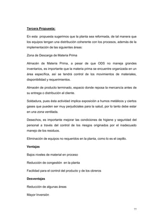 77
Tercera Propuesta:
En esta propuesta sugerimos que la planta sea reformada, de tal manera que
los equipos tengan una distribución coherente con los procesos, además de la
implementación de las siguientes áreas:
Zona de Descarga de Materia Prima
Almacén de Materia Prima, a pesar de que ODS no maneja grandes
inventarios, es importante que la materia prima se encuentre organizada en un
área específica, así se tendrá control de los movimientos de materiales,
disponibilidad y requerimientos.
Almacén de producto terminado, espacio donde reposa la mercancía antes de
su entrega o distribución al cliente.
Soldadura, pues ésta actividad implica exposición a humos metálicos y ciertos
gases que pueden ser muy perjudiciales para la salud, por lo tanto debe estar
en una zona ventilada.
Desechos, es importante mejorar las condiciones de higiene y seguridad del
personal a través del control de los riesgos originados por el inadecuado
manejo de los residuos.
Eliminación de equipos no requeridos en la planta, como lo es el cepillo.
Ventajas
Bajos niveles de material en proceso
Reducción de congestión en la planta
Facilidad para el control del producto y de los obreros
Desventajas
Reducción de algunas áreas
Mayor Inversión
 