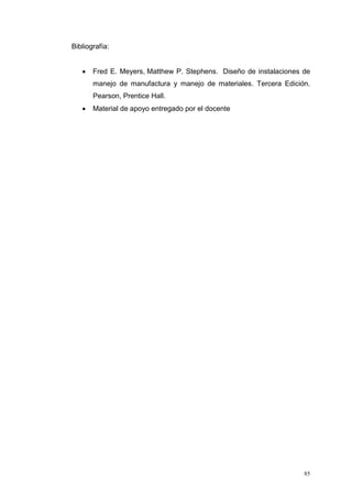 85
Bibliografía:
 Fred E. Meyers, Matthew P. Stephens. Diseño de instalaciones de
manejo de manufactura y manejo de materiales. Tercera Edición.
Pearson, Prentice Hall.
 Material de apoyo entregado por el docente
 