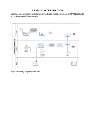 2.2 MODELO DE PROCESOS
Las imágenes siguientes representan el modelado de estos procesos en BPMN utilizando
la herramienta de Bizagi modeler
Fig.1 Solicitud y asignación de citas
 