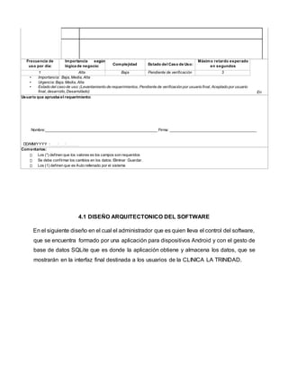 Frecuencia de
uso por día:
Importancia según
lógica de negocio: Complejidad Estado del Caso de Uso:
Máximo retardo esperado
en segundos
En
1 Alta Baja Pendiente de verificación 3
• Importancia: Baja, Media, Alta
• Urgencia: Baja, Media, Alta
• Estado del caso de uso: (Levantamiento de requerimientos, Pendiente de verificación por usuario final, Aceptado por usuario
final, desarrollo, Desarrollado)
Usuario que aprueba el requerimiento:
Nombre:_____________________________________________________ Firma: _________________________________________
DD/MM/YYYY : ___/___/______
Comentarios:
Los (*) definen que los valores es los campos son requeridos
Se debe confirmar los cambios en los datos: Eliminar Guardar.
Los (1) definen que es Auto rellenado por el sistema
4.1 DISEÑO ARQUITECTONICO DEL SOFTWARE
En el siguiente diseño en el cual el administrador que es quien lleva el control del software,
que se encuentra formado por una aplicación para dispositivos Android y con el gesto de
base de datos SQLite que es donde la aplicación obtiene y almacena los datos, que se
mostrarán en la interfaz final destinada a los usuarios de la CLINICA LA TRINIDAD.
 