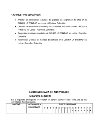 1.4.2 OBJETIVOS ESPECÍFICOS
● Analizar las condiciones actuales del proceso de asignación de citas en la
CLÍNICA LA TRINIDAD en Lorica – Córdoba, Colombia.
● Describir los requisitos funcionales y no funcionales asociados con la CLÍNICA LA
TRINIDAD en Lorica – Córdoba, Colombia.
● Desarrollar el software orientado a la CLÍNICA LA TRINIDAD en Lorica – Córdoba,
Colombia.
● Implementar y validar los módulos del software en la CLÍNICA LA TRINIDAD en
Lorica – Córdoba, Colombia.
1.5 CRONOGRAMA DE ACTIVIDADES
(Diagrama de Gantt)
En el siguiente cronograma se detallan el tiempo estimado para cada una de las
actividades de este proyecto.
OBJETIVO ACTIVIDADES A
DESARROLLAR
TIEMPO EN SEMANAS
1 2 3 4 5 6 7 8 9 1
0
1
1
1
2
1
3
1
4
1
5
1
6
 