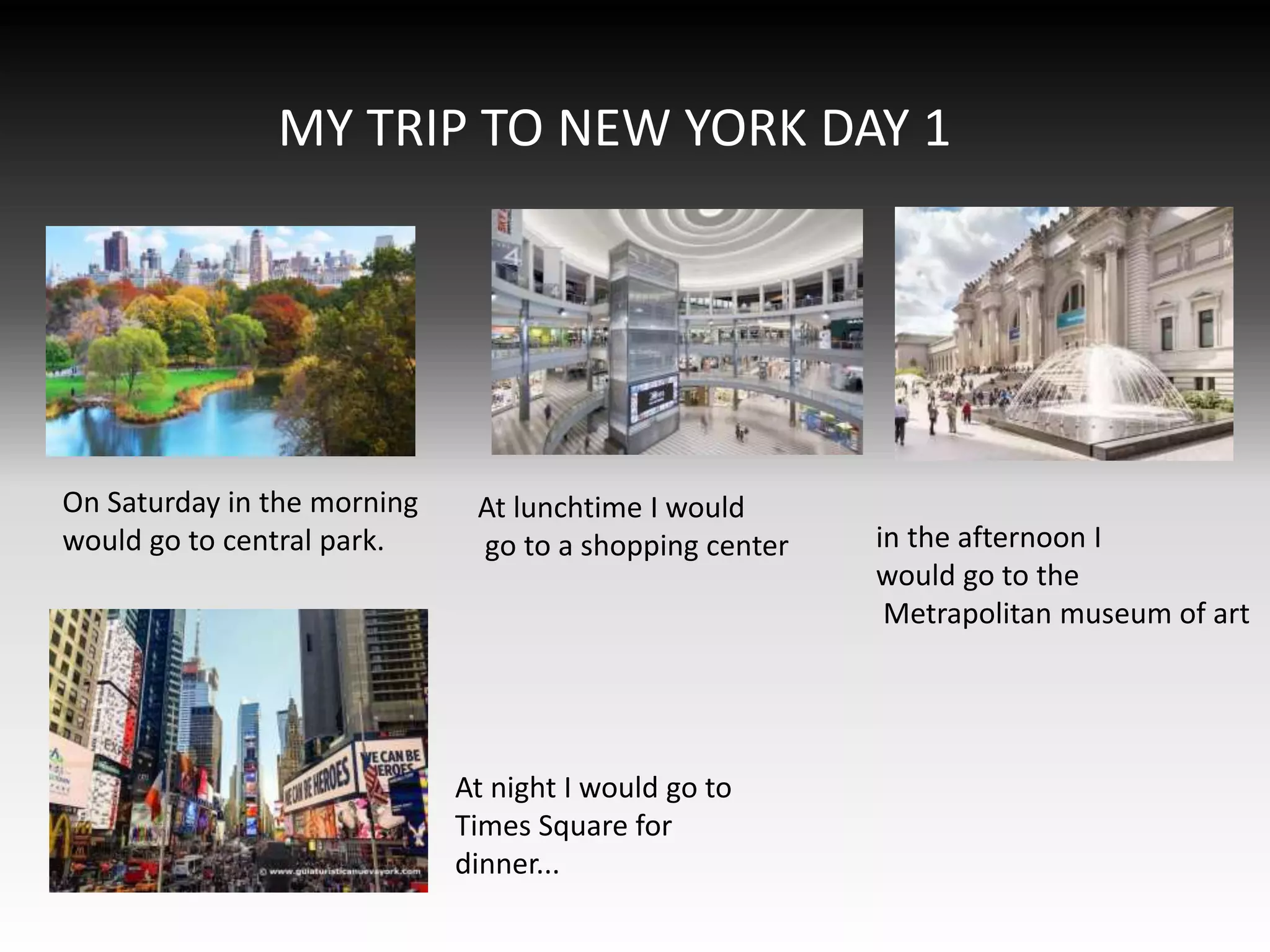 MY TRIP TO NEW YORK DAY 1
On Saturday in the morning
would go to central park. in the afternoon I
would go to the
Metrapolitan museum of art
At night I would go to
Times Square for
dinner...
At lunchtime I would
go to a shopping center
 