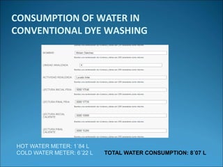 CONSUMPTION OF WATER IN
CONVENTIONAL DYE WASHING
HOT WATER METER: 1´84 L
COLD WATER METER: 6´22 L TOTAL WATER CONSUMPTION: 8´07 L
 