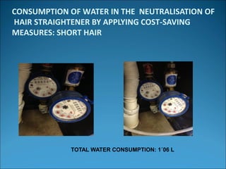 CONSUMPTION OF WATER IN THE NEUTRALISATION OF
HAIR STRAIGHTENER BY APPLYING COST-SAVING
MEASURES: SHORT HAIR
TOTAL WATER CONSUMPTION: 1´06 L
 