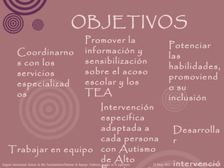 OBJETIVOS
                                                          Promover la
                                                                                                                      Potenciar
          Coordinarno                                     información y
                                                                                                                      las
          s con los                                       sensibilización
                                                                                                                      habilidades,
          servicios                                       sobre el acoso
                                                                                                                      promoviend
          especializad                                    escolar y los
                                                                                                                      o su
          os                                              TEA
                                                                                                                      inclusión
                                                                                      Intervención
                                                                                      específica
                                                                                      adaptada a                               Desarrolla
                                                                                      cada persona                             r
     Trabajar en equipo con Autismo
                                                                                      de Alto
Congreso Internacional Autismo de Alto Funcionamiento/Síndrome de Asperger: Evidencias basadas en la experiencia 24 Marzo 2012 intervenció
                                                                                                                                    Blanca Santamaría Pérez
 