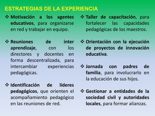 ESTRATEGIAS DE LA EXPERIENCIA
 Motivación a los agentes
educativos, para organizarse
en red y trabajar en equipo.
 Reuniones de inter
aprendizaje, con los
directores y docentes en
forma descentralizada, para
intercambiar experiencias
pedagógicas.
 Identificación de líderes
pedagógicos, que orienten el
acompañamiento pedagógico
en las reuniones de red.
 Taller de capacitación, para
fortalecer las capacidades
pedagógicas de los maestros.
 Orientación con la ejecución
de proyectos de innovación
educativa.
 Jornada con padres de
familia, para involucrarlo en
la educación de sus hijos.
 Gestionar a entidades de la
sociedad civil y autoridades
locales, para formar alianzas.
 