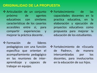ORIGINALIDAD DE LA PROPUESTA
 Articulación de un conjunto
próximo de agentes
educativos con similares
características de los caseríos
accesibles entre sí, para
compartir experiencias y
mejorar la práctica docente .
 Formación de líderes
pedagógicos con una función
específica que orientan el
acompañamiento pedagógico
en las reuniones de inter-
aprendizaje y capaces de
trabajar en equipo.
 Fortalecimiento de las
capacidades docentes en la
practica educativa, en la
elaboración y ejecución de
proyectos educativos como
propuesta para mejorar la
educación de los estudiantes.
 Fortalecimiento de «Escuela
de Padres», de manera
intercambiadas por los
docentes, para involucrarlos
en la educación de sus hijos.
 