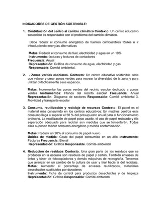 INDICADORES DE GESTIÓN SOSTENIBLE:
1. Contribución del centro al cambio climático Contexto: Un centro educativo
sostenible es responsable con el problema del cambio climático.
Debe reducir el consumo energético de fuentes combustibles fósiles e ir
introduciendo energías alternativas
Metas: Reducir el consumo de fuel, electricidad y agua en un 10%
Instrumento: facturas y lecturas de contadores
Frecuencia: Anual
Representación: Gráfica de consumo de agua, electricidad y gas
Responsable: Comité ambiental.
2. . Zonas verdes escolares. Contexto: Un centro educativo sostenible tiene
que valorar y crear zonas verdes para recrear la diversidad de la zona y para
utilizar didácticamente esos espacios.
Metas: Incrementar las zonas verdes del recinto escolar dedicado a zonas
verdes Instrumentos: Planos del recinto escolar Frecuencia. Anual
Representación: Diagrama de sectores Responsable: Comité ambiental 3.
Movilidad y transporte escolar
3. Consumo, reutilización y reciclaje de recursos Contexto: El papel es el
material más consumido en los centros educativos: En muchos centros este
consumo llega a superar el 50 % del presupuesto anual para el funcionamiento
ordinario. La reutilización de papel poco usado, el uso de papel reciclado y ñla
separación adecuada para reciclar son medidas que se fomentarán. Todas
ellas suponen menor consumo energético y menos contaminación.
Metas: Reducir un 20% el consumo de papel nuevo
Unidad de medida: Coste del papel consumido en un año Instrumento:
Facturas Frecuencia: Bienal
Representación: Gráfica Responsable. Comité ambiental
4. Reducción de residuos Contexto. Una gran parte de los residuos que se
producen en la escuela son residuos de papel y cartón. También envases de
tintas y tóner de fotocopiadoras y demás máquinas de reprografía. Tenemos
que avanzar en un cambio de la cultura de usar y tirar hacia la del reciclaje.
Metas: Aumentar el porcentaje de envases reutilizados, materiales
desechables sustituidos por duraderos
Instrumento: Ficha de control para productos desechables y de limpieza
Representación: Gráfica Responsable: Comité ambiental
 