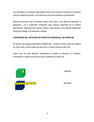 vez resueltos se presentan alternativas para que el alumno construya la conexión
entre el material concreto y el símbolo de una forma efectiva y permanente.


Bancubi promueve que el profesor actúe como guía y los alumnos aprendan a
preguntar y no a responder. Preguntar para adquirir seguridad en el cálculo
aproximado, preguntar para aclarar dudas y para ayudar a los demás integrantes
del grupo a llegar a la respuesta correcta.


CONTENIDO DEL ESTUCHE DE PRÁCTICA INDIVIDUAL DE BANCUBI


El estuche de práctica individual de BANCUBI, contiene veinte cubos de madera
de color verde, veinte cubos de color azul y veinte cubos de color rojo.


Cada cubo de color diferente representa la unidad, la decena y la centena,
volviéndose a repetir la secuencia para unidades de millar, etc.




                                                               UNIDAD




                                                               DECENA




                                         52
 