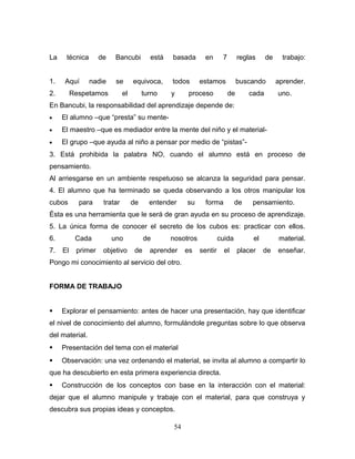 La    técnica       de    Bancubi         está   basada       en      7        reglas    de     trabajo:


1.    Aquí      nadie     se       equivoca,     todos      estamos            buscando       aprender.
2.        Respetamos          el        turno    y      proceso           de      cada        uno.
En Bancubi, la responsabilidad del aprendizaje depende de:
•    El alumno –que “presta” su mente-
•    El maestro –que es mediador entre la mente del niño y el material-
•    El grupo –que ayuda al niño a pensar por medio de “pistas”-
3. Está prohibida la palabra NO, cuando el alumno está en proceso de
pensamiento.
Al arriesgarse en un ambiente respetuoso se alcanza la seguridad para pensar.
4. El alumno que ha terminado se queda observando a los otros manipular los
cubos       para     tratar        de     entender     su     forma          de     pensamiento.
Ésta es una herramienta que le será de gran ayuda en su proceso de aprendizaje.
5. La única forma de conocer el secreto de los cubos es: practicar con ellos.
6.         Cada          uno             de      nosotros            cuida          el        material.
7.   El    primer    objetivo       de    aprender     es   sentir     el      placer    de   enseñar.
Pongo mi conocimiento al servicio del otro.


FORMA DE TRABAJO


    Explorar el pensamiento: antes de hacer una presentación, hay que identificar
el nivel de conocimiento del alumno, formulándole preguntas sobre lo que observa
del material.
    Presentación del tema con el material
    Observación: una vez ordenando el material, se invita al alumno a compartir lo
que ha descubierto en esta primera experiencia directa.
    Construcción de los conceptos con base en la interacción con el material:
dejar que el alumno manipule y trabaje con el material, para que construya y
descubra sus propias ideas y conceptos.

                                                  54
 