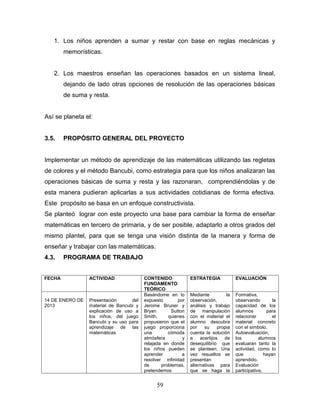 1. Los niños aprenden a sumar y restar con base en reglas mecánicas y
        memorísticas.


   2. Los maestros enseñan las operaciones basados en un sistema lineal,
        dejando de lado otras opciones de resolución de las operaciones básicas
        de suma y resta.


Así se planeta el:


3.5.    PROPÓSITO GENERAL DEL PROYECTO


Implementar un método de aprendizaje de las matemáticas utilizando las regletas
de colores y el método Bancubi, como estrategia para que los niños analizaran las
operaciones básicas de suma y resta y las razonaran, comprendiéndolas y de
esta manera pudieran aplicarlas a sus actividades cotidianas de forma efectiva.
Este propósito se basa en un enfoque constructivista.
Se planteó lograr con este proyecto una base para cambiar la forma de enseñar
matemáticas en tercero de primaria, y de ser posible, adaptarlo a otros grados del
mismo plantel, para que se tenga una visión distinta de la manera y forma de
enseñar y trabajar con las matemáticas.
4.3.    PROGRAMA DE TRABAJO


FECHA            ACTIVIDAD               CONTENIDO            ESTRATEGIA             EVALUACIÓN
                                         FUNDAMENTO
                                         TEÓRICO
                                         Basándome en lo      Mediante          la   Formativa,
14 DE ENERO DE   Presentación      del   expuesto       por   observación,           observando         la
2013             material de Bancubi y   Jerome Bruner y      análisis y trabajo     capacidad de los
                 explicación de uso a    Bryan       Sutton   de manipulación        alumnos         para
                 los niños, del juego    Smith,     quienes   con el material el     relacionar         el
                 Bancubi y su uso para   propusieron que el   alumno descubra        material concreto
                 aprendizaje de las      juego proporciona    por    su     propia   con el símbolo.
                 matemáticas             una        cómoda    cuenta la solución     Autoevaluación,
                                         atmósfera        y   a    acertijos   de    los         alumnos
                                         relajada en donde    desequilibrio que      evaluaran tanto la
                                         los niños pueden     se planteen. Una       actividad, como lo
                                         aprender         a   vez resueltos se       que            hayan
                                         resolver infinidad   presentan              aprendido.
                                         de      problemas,   alternativas para      Evaluación
                                         pretendemos          que se haga la         participativa,


                                              59
 
