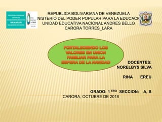 REPUBLICA BOLIVARIANA DE VENEZUELA
MINISTERIO DEL PODER POPULAR PARA LA EDUCACION
UNIDAD EDUCATIVA NACIONAL ANDRES BELLO
CARORA TORRES_LARA
DOCENTES:
NORELBYS SILVA
RINA EREU
GRADO: 1 ERO SECCION: A, B
CARORA, OCTUBRE DE 2018
 