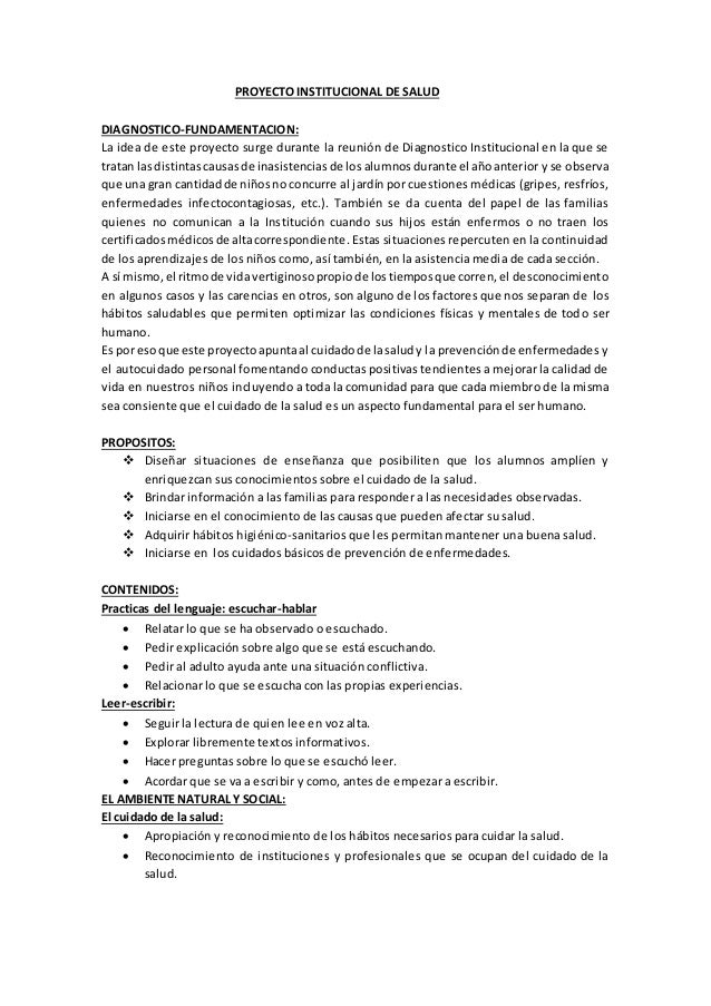 Ejemplo De Proyecto De Salud Proyecto institucional de salud
