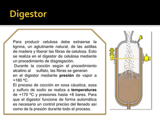 Para producir celulosa debe extraerse la 
lignina, un aglutinante natural, de las astillas 
de madera y liberar las fibras de celulosa. Esto 
se realiza en el digestor de celulosa mediante 
un procedimiento de disgregación. 
Durante la cocción según el procedimiento 
alcalino al sulfato, las fibras se generan 
en el digestor mediante presión de vapor a 
+180 ºC. 
El proceso de cocción en sosa cáustica, sosa 
y sulfuro de sodio se realiza a temperaturas 
de +170 ºC y presiones hasta +8 bares. Para 
que el digestor funcione de forma automática 
es necesario un control preciso del llenado así 
como de la presión durante todo el proceso. 
 