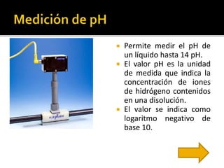  Permite medir el pH de 
un líquido hasta 14 pH. 
 El valor pH es la unidad 
de medida que indica la 
concentración de iones 
de hidrógeno contenidos 
en una disolución. 
 El valor se indica como 
logaritmo negativo de 
base 10. 
 