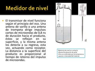  El transmisor de nivel funciona 
según el principio del eco. Una 
antena de varilla o una antena 
de trompeta dirige impulsos 
cortos de microondas de 0,8 ns 
de duración hacia el producto, 
éstos se reflejan en su 
superficie, y la misma antena 
los detecta a su regreso, esta 
vez, actuando como receptor. 
La distancia a la superficie del 
producto es proporcional al 
tiempo de retorno del impulso 
de microondas. 
Medición de nivel sin contacto 
▪ Buena focalización de señal 
▪ No se ve afectado por la temperatura, 
vapores ni densidad del material. 
 