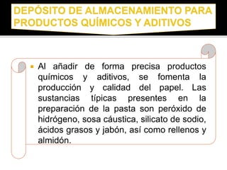 Al añadir de forma precisa productos 
químicos y aditivos, se fomenta la 
producción y calidad del papel. Las 
sustancias típicas presentes en la 
preparación de la pasta son peróxido de 
hidrógeno, sosa cáustica, silicato de sodio, 
ácidos grasos y jabón, así como rellenos y 
almidón. 
 