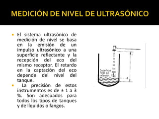  El sistema ultrasónico de 
medición de nivel se basa 
en la emisión de un 
impulso ultrasónico a una 
superficie reflectante y la 
recepción del eco del 
mismo receptor. El retardo 
en la captación del eco 
depende del nivel del 
tanque. 
 La precisión de estos 
instrumentos es de ± 1 a 3 
%. Son adecuados para 
todos los tipos de tanques 
y de líquidos o fangos. 
 