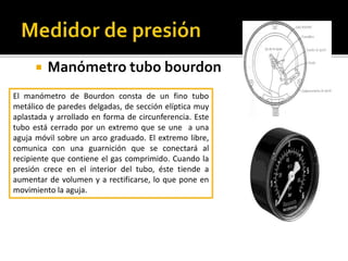  Manómetro tubo bourdon 
El manómetro de Bourdon consta de un fino tubo 
metálico de paredes delgadas, de sección elíptica muy 
aplastada y arrollado en forma de circunferencia. Este 
tubo está cerrado por un extremo que se une a una 
aguja móvil sobre un arco graduado. El extremo libre, 
comunica con una guarnición que se conectará al 
recipiente que contiene el gas comprimido. Cuando la 
presión crece en el interior del tubo, éste tiende a 
aumentar de volumen y a rectificarse, lo que pone en 
movimiento la aguja. 
 