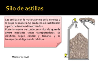 Las astillas son la materia prima de la celulosa y 
la pulpa de madera. Se producen en rastilladoras 
a partir de troncos descortezados. 
Posteriormente, se conducen a silos de 25 m de 
altura mediante cintas transportadoras. Se 
clasifican según calidad y tamaño, y se 
transportan al digestor de celulosa. 
• Medidor de nivel 
 