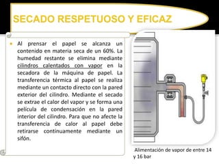  Al prensar el papel se alcanza un 
contenido en materia seca de un 60%. La 
humedad restante se elimina mediante 
cilindros calentados con vapor en la 
secadora de la máquina de papel. La 
transferencia térmica al papel se realiza 
mediante un contacto directo con la pared 
exterior del cilindro. Mediante el secado 
se extrae el calor del vapor y se forma una 
película de condensación en la pared 
interior del cilindro. Para que no afecte la 
transferencia de calor al papel debe 
retirarse continuamente mediante un 
sifón. 
Alimentación de vapor de entre 14 
y 16 bar 
 